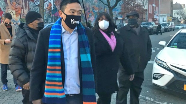Andrew Yang Rides The Bus … And Then Sort of Throws Pedestrians Under One